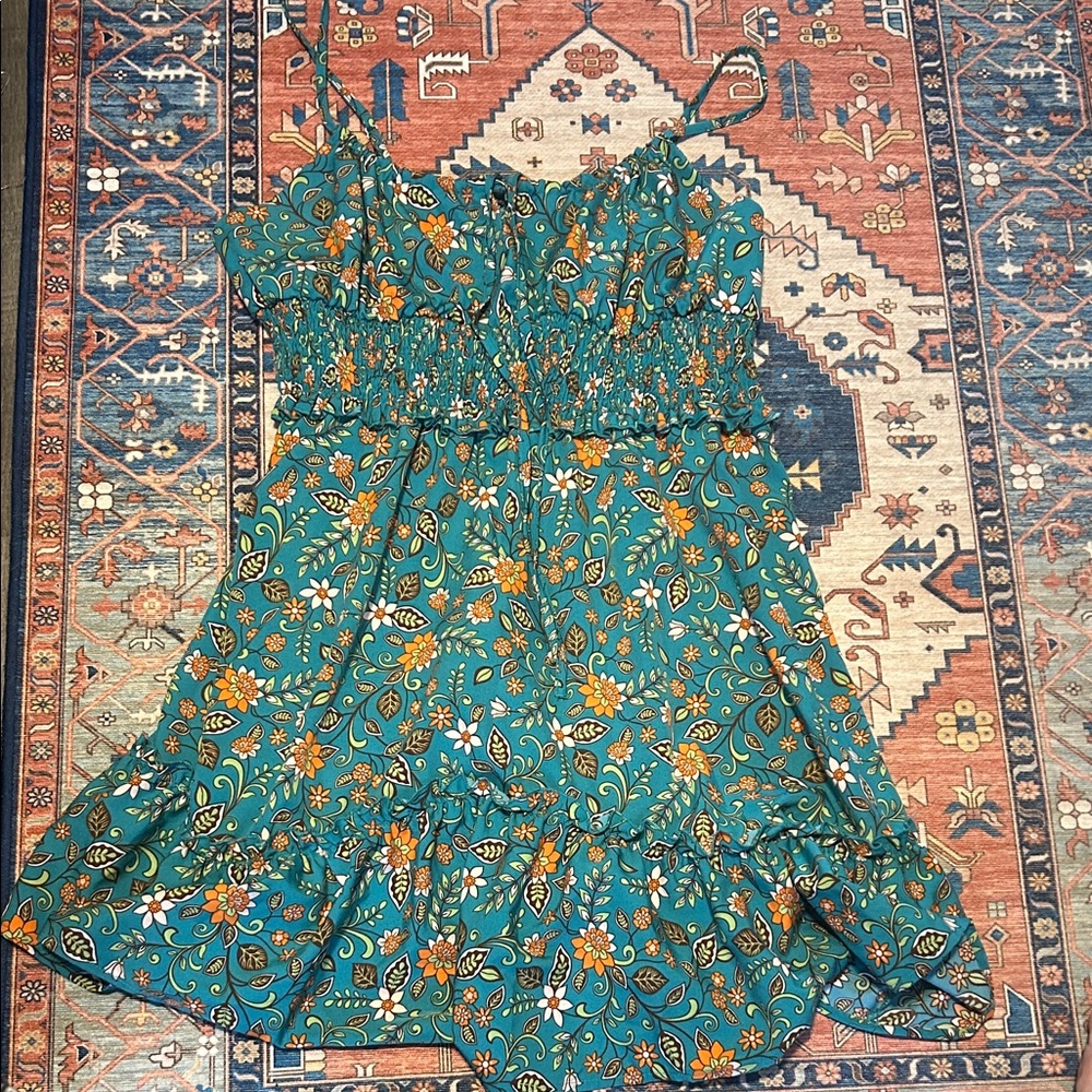 SHEIN Teal Floral Ruffle Sundress with Yellow & White Flowers